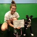 woman and pit bull puppy graduates